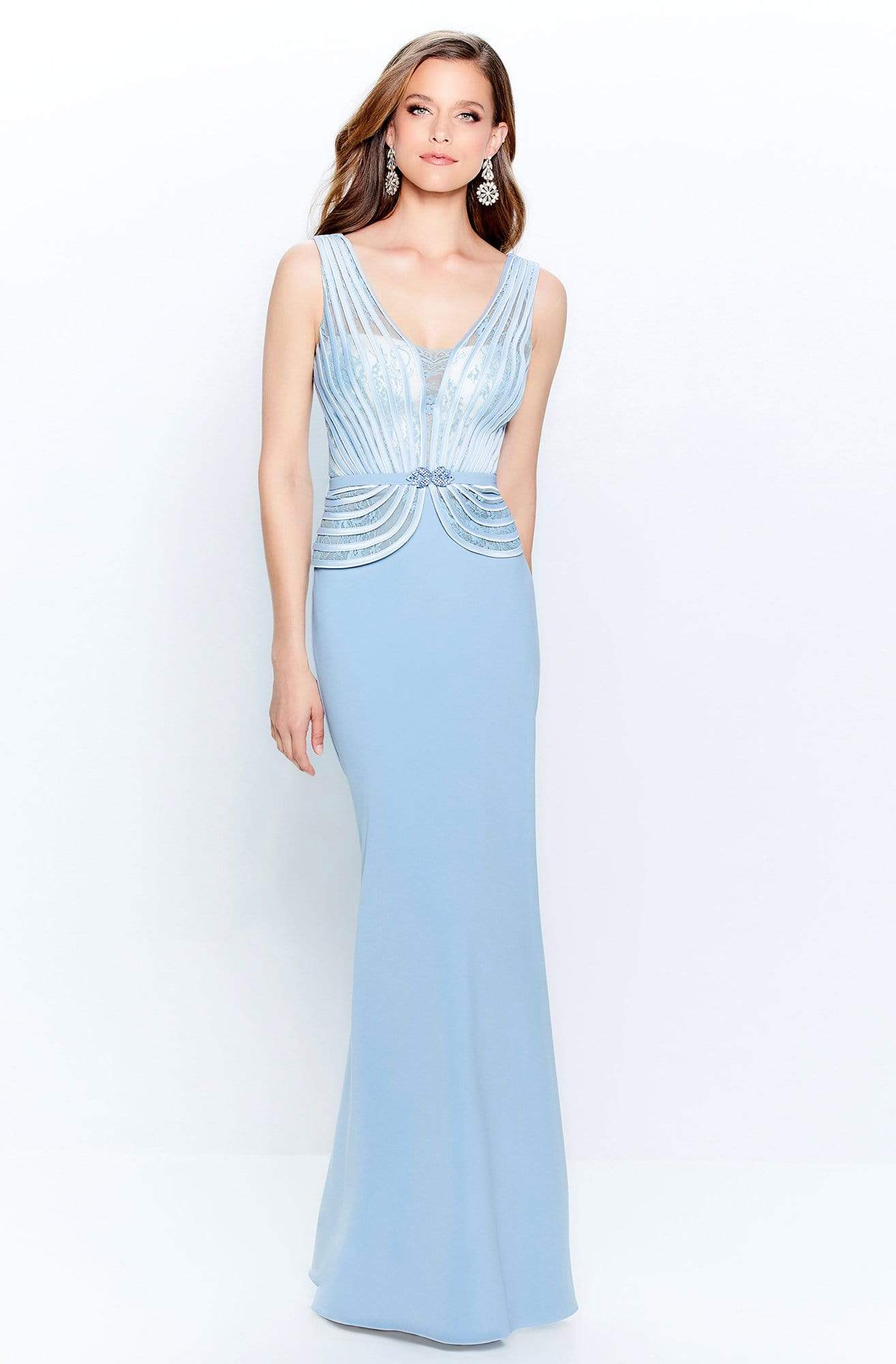 Montage by Mon Cheri - 120904 Embroidered V-Neck Sheath Dress Evening Dresses 4 / Blue Mist/Iv