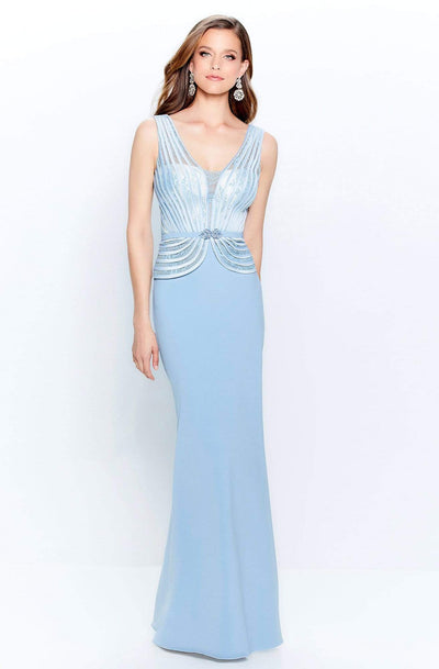 Montage by Mon Cheri - 120904 Embroidered V-Neck Sheath Dress Evening Dresses 4 / Blue Mist/Iv