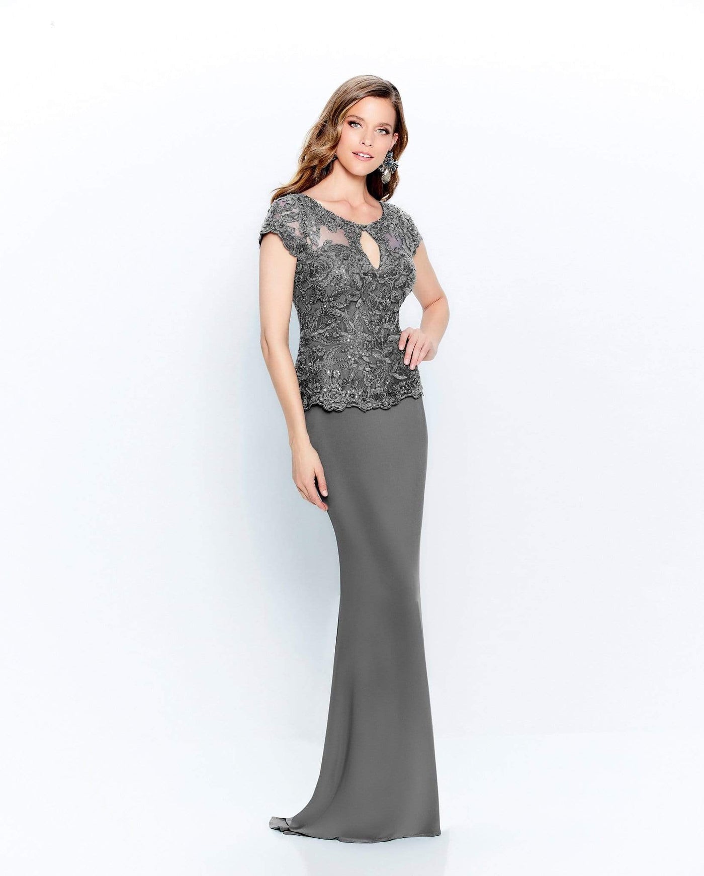 Montage by Mon Cheri - 120910W Embroidered Keyhole Front Long Dress Mother of the Bride Dresses 16W / Charcoal