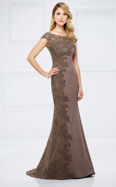 Montage by Mon Cheri - 217948 Bateau Neck Beaded Lace Trumpet Gown  - 1 pc Mocha in Size 6 Available CCSALE 16 / Mocha