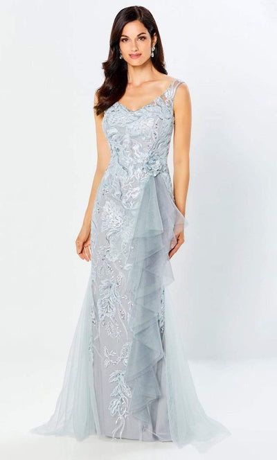 Montage by Mon Cheri - 220943 Embroidered Sleeveless V-neck Long Dress In Silver Gray