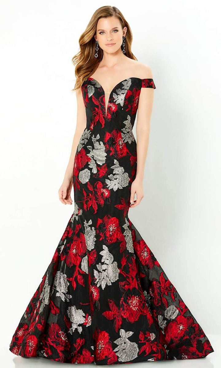 Montage by Mon Cheri - Off Shoulder Brocade Evening Gown 220952 In Red, Silver and Black