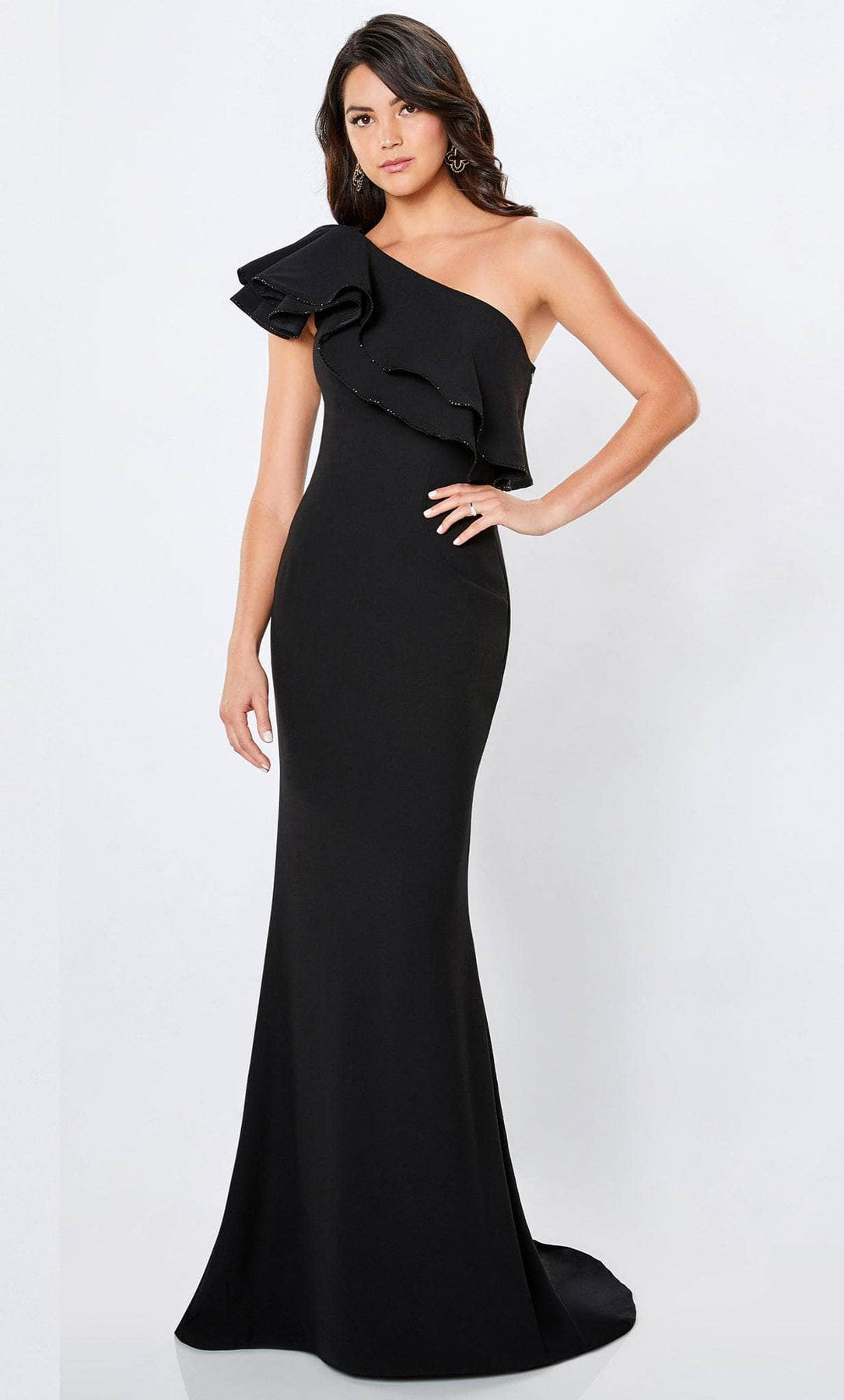 Montage By Mon Cheri 221975W - Long Crepe Sheath Dress - Sleeveless, Fitted Bodice, Beads, One Shoulder Strap, Minimal, Floor Length, Sweep Train ADASA Montage By Mon Cheri 221975W - Long Crepe Sheath Dress - Sleeveless, Fitted Bodice, Beads, One Shoulder Strap, Minimal, Floor Length, Sweep Train ADASA