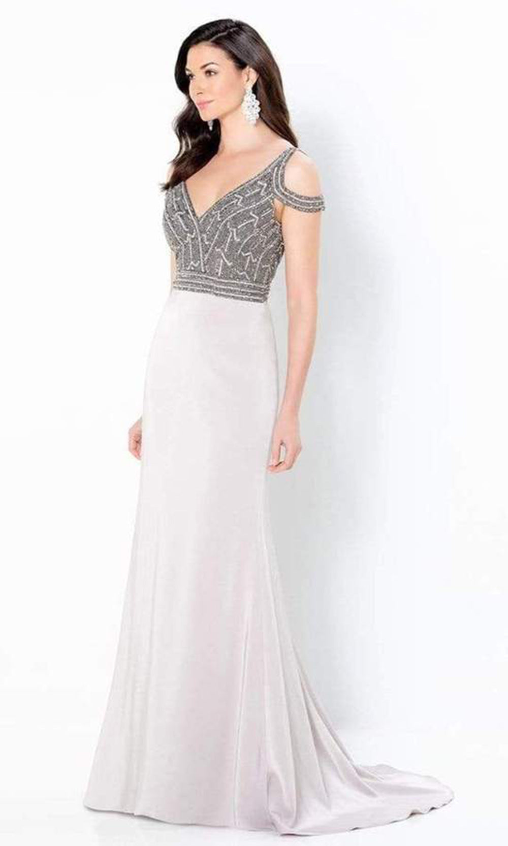 Montage by Mon Cheri - Beaded Cold Shoulder Sheath Gown  In Silver