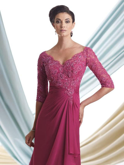 Montage by Mon Cheri Beaded Embroidered Lace Mock-Wrap Chiffon Gown CCSALE 26W / Fuchsia