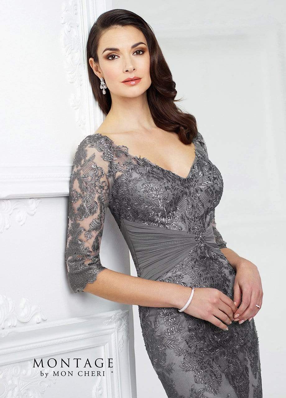 Montage by Mon Cheri - Embroidered Ruched Sheath Gown 217942 - 1 pc Smoke in Size 8 Available CCSALE