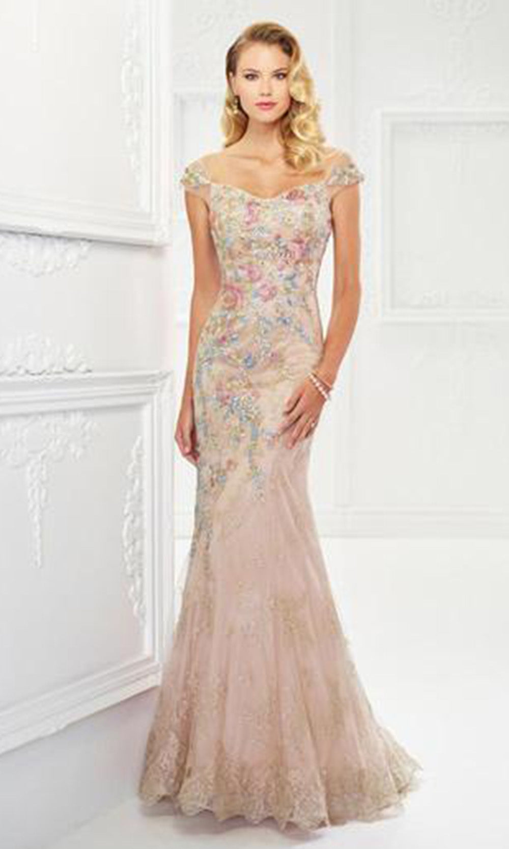 Montage by Mon Cheri - Floral Embroidered Lace and Tulle Gown 118966 - 1 pc Champagne/Multi in Size 18 Available CCSALE 10 / Champagne/Multi