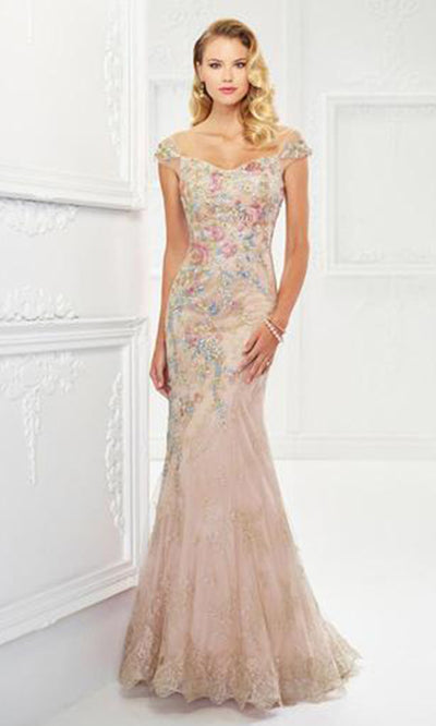 Montage by Mon Cheri - Floral Embroidered Lace and Tulle Gown 118966 - 1 pc Champagne/Multi in Size 18 Available CCSALE 10 / Champagne/Multi