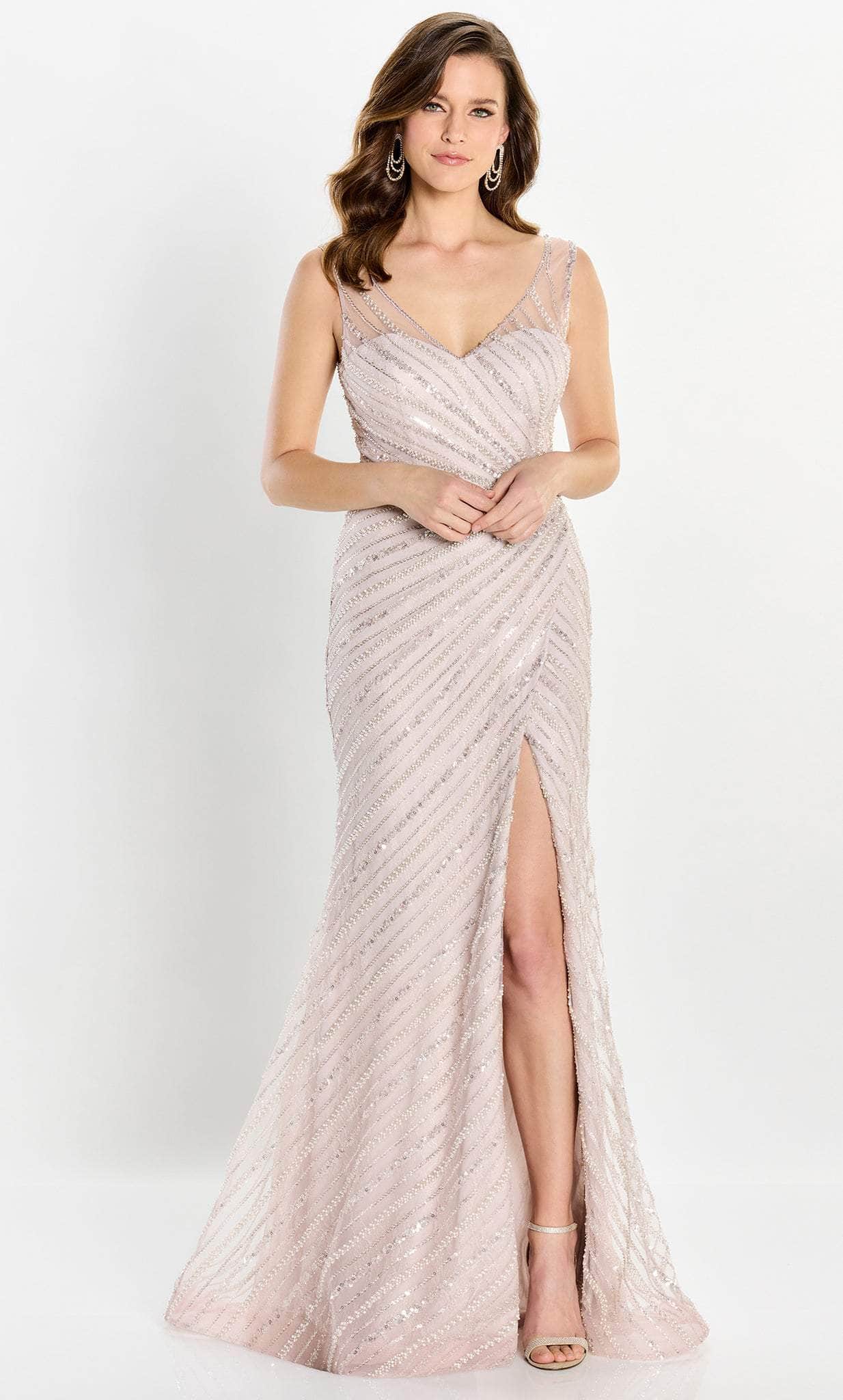 Montage by Mon Cheri M2216 - Pearl and Beaded Illusion Slit Gown Special Occasion Dress 4 / Blush