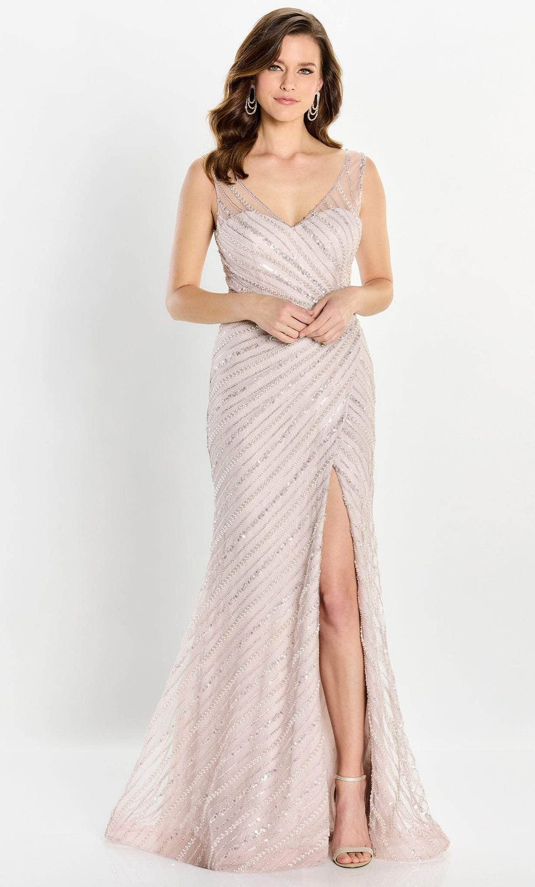 Montage by Mon Cheri M2216 - Pearl and Beaded Illusion Slit Gown Special Occasion Dress 4 / Blush