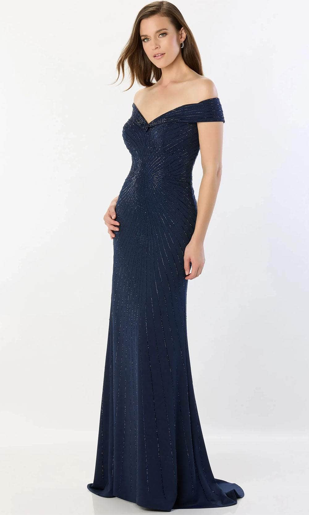 Montage by Mon Cheri M2234 - Off-Shoulder V-Neck Gown Prom Dresses 4 / Navy Blue