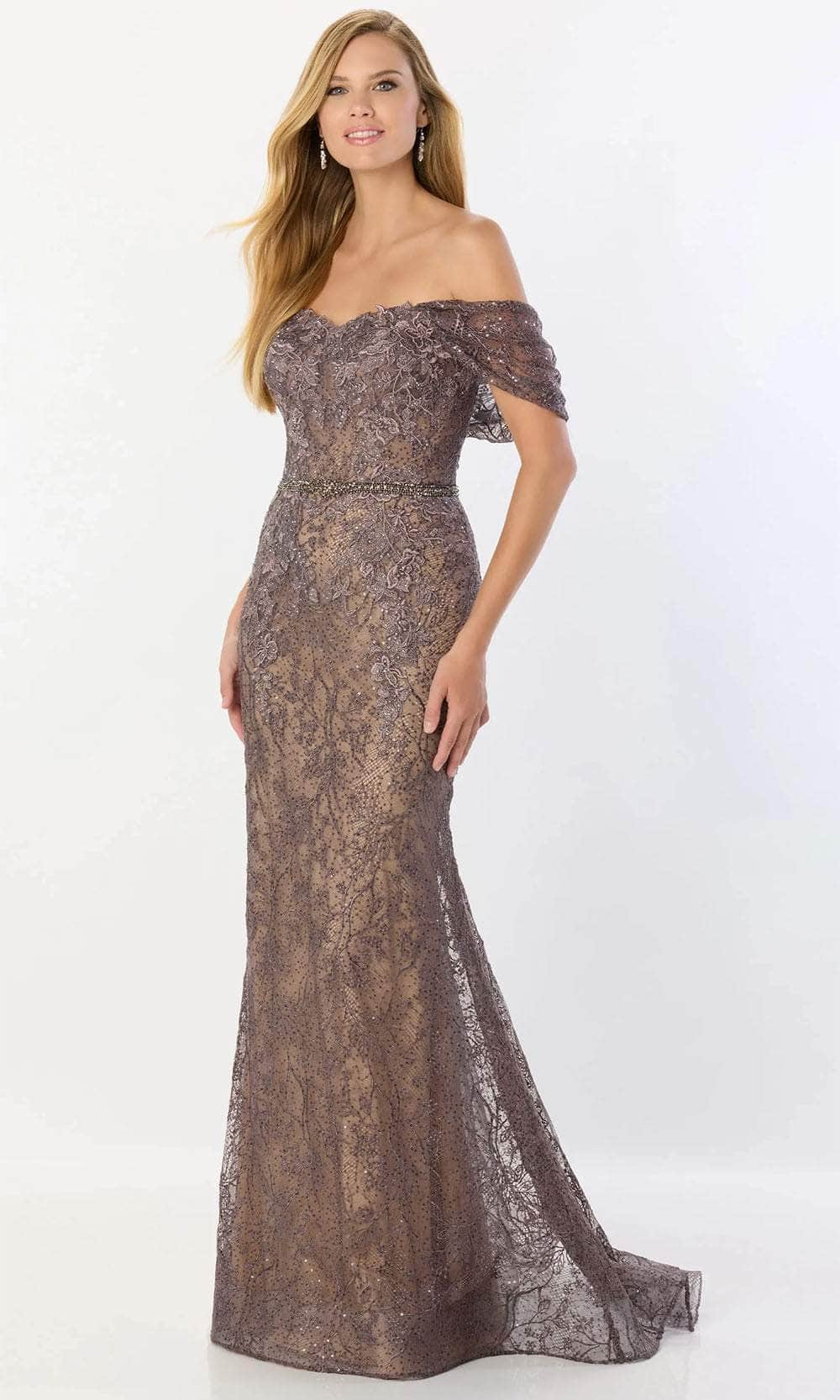Montage by Mon Cheri M2238 - Off-Shoulder Stone Accent Gown Prom Dresses 4 / Mink