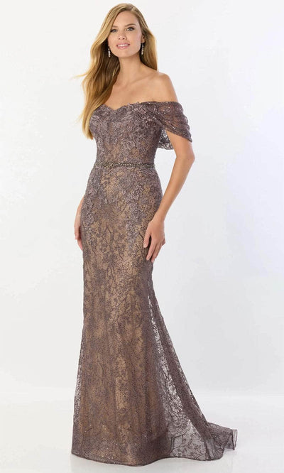 Montage by Mon Cheri M2238 - Off-Shoulder Stone Accent Gown Prom Dresses 4 / Mink