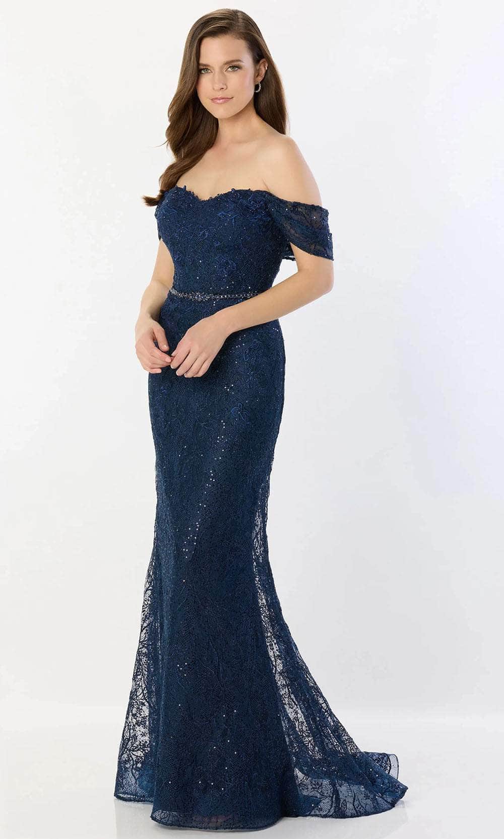 Montage by Mon Cheri M2238 - Off-Shoulder Stone Accent Gown Prom Dresses 4 / Navy Blue