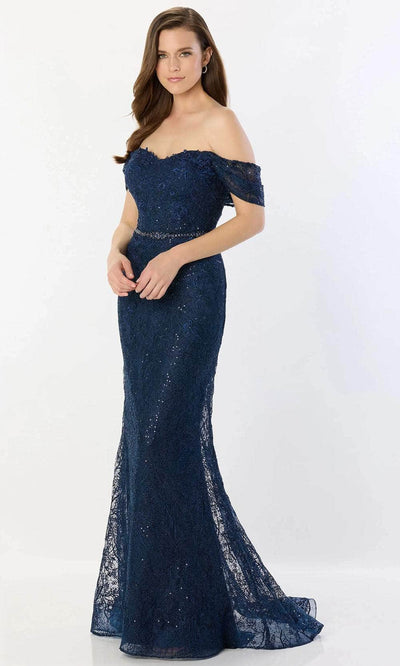 Montage by Mon Cheri M2238 - Off-Shoulder Stone Accent Gown Prom Dresses 4 / Navy Blue