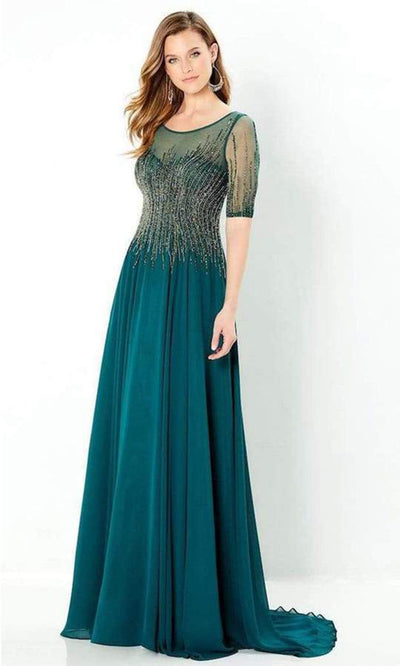 Montage by Mon Cheri - Sheer Jeweled A-Line Gown In Green