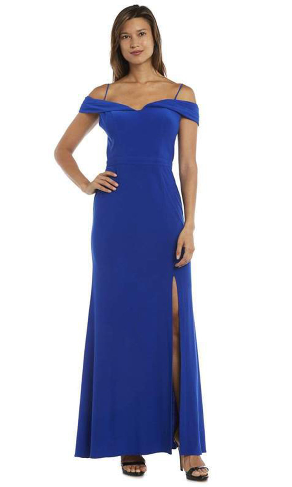 Morgan & Co. - 12343 Off-Shoulder Long Dress with Leg slit In Blue
