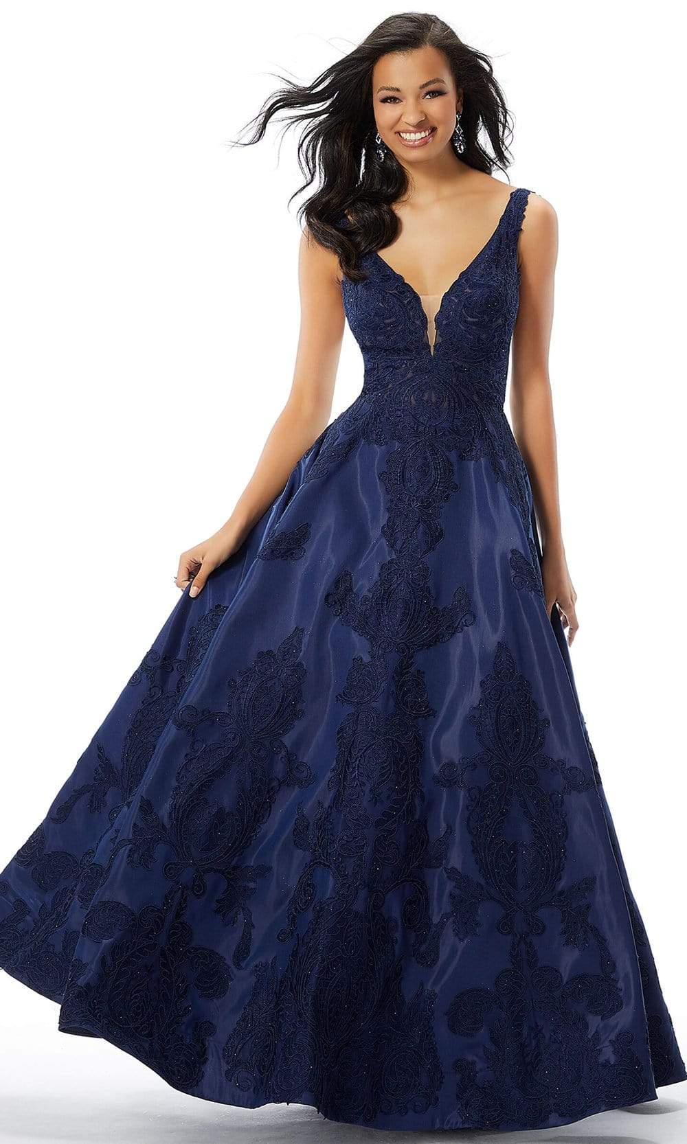 Mori Lee - 43089 Sleeveless V Neck Beaded Lace Appliques Satin Gown Prom Dresses 0 / Navy