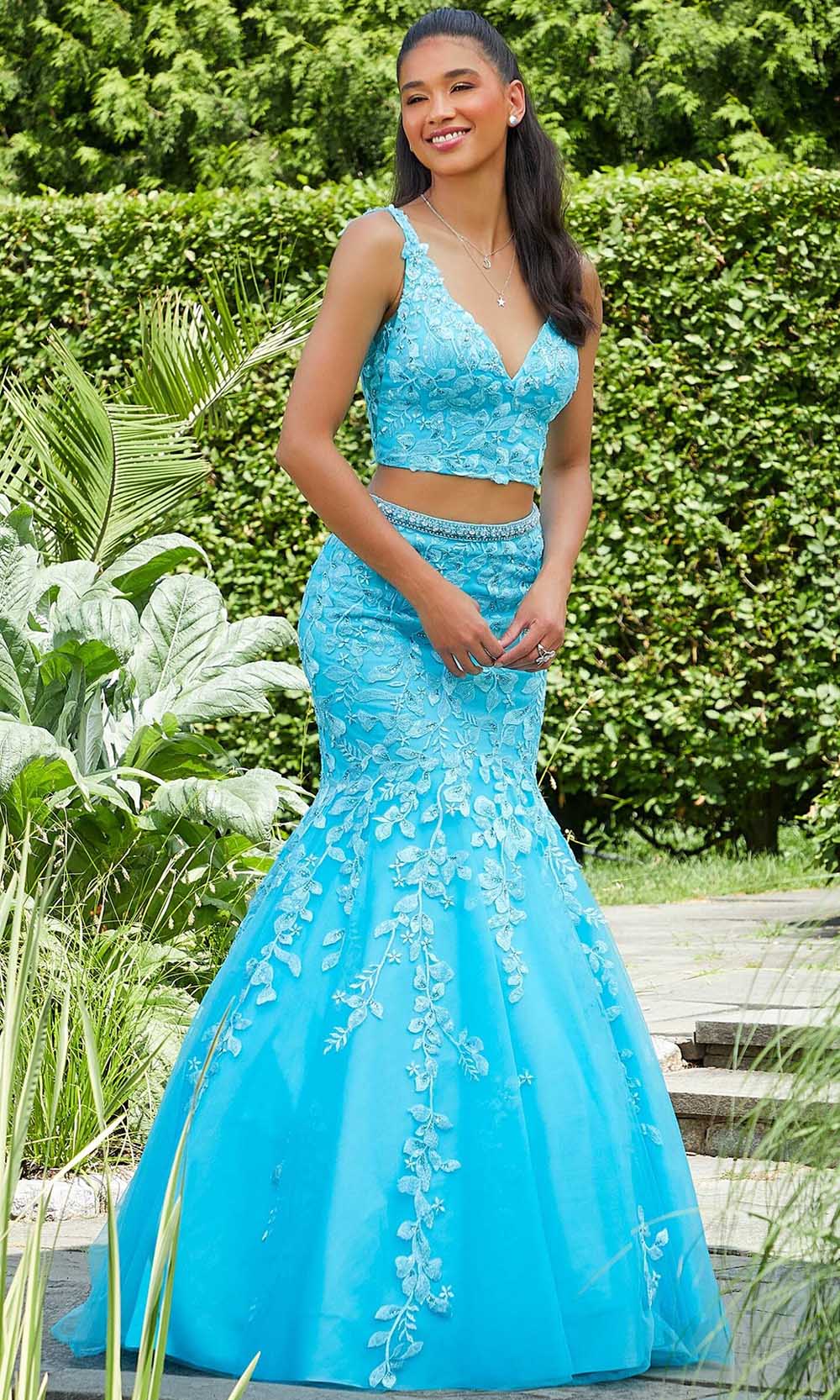 Mori Lee 47035 - Two Piece V-neck Long Gown Prom Dresses 00 / Bright Blue
