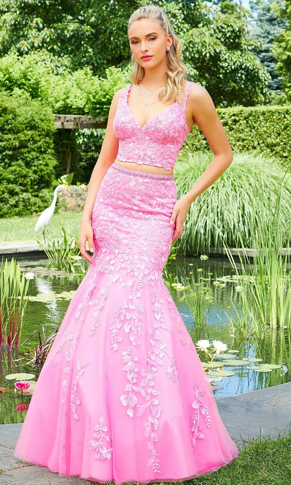 Mori Lee 47035 - Two Piece V-neck Long Gown Prom Dresses 00 / Bright Pink