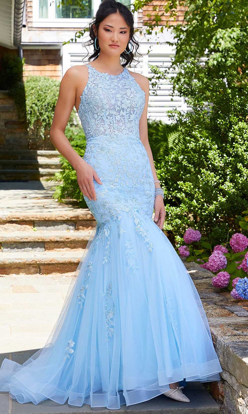 Mori Lee 47049 - Sleeveless Halter High Neck Evening Gown Prom Dresses 00 / Light Blue