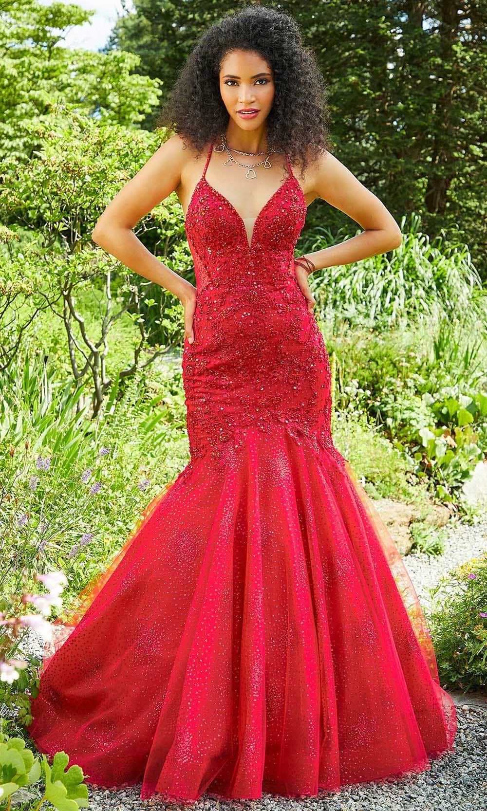 Mori Lee 47055 - Sleeveless Plunging V-Neck Evening Gown Prom Dresses 00 / Scarlet