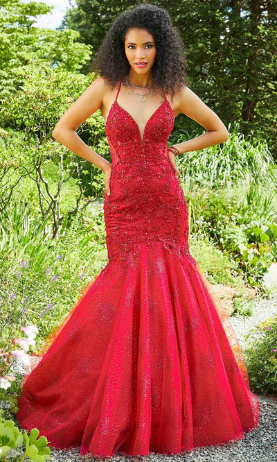 Mori Lee 47055 - Sleeveless Plunging V-Neck Evening Gown Prom Dresses 00 / Scarlet