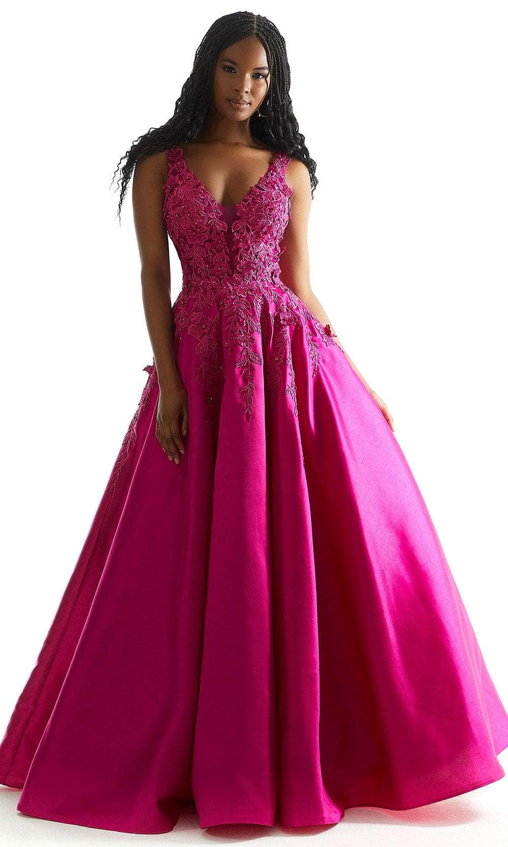 Mori Lee 49044 - Floral Detail Satin Prom Dress Prom Dress 00 /  Fuchsia