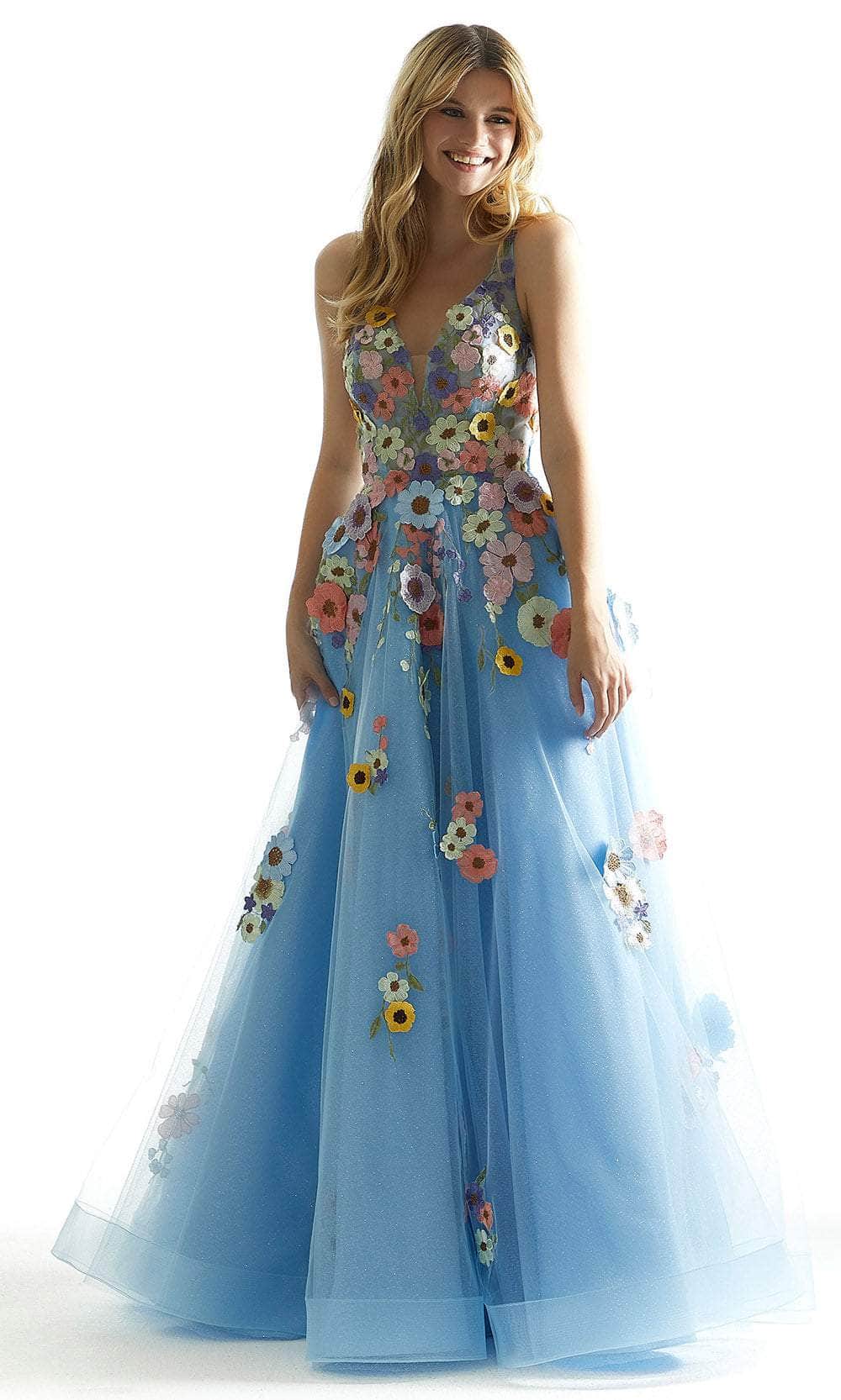 Mori Lee 49074 - Glitter Floral Prom Dress Prom Dress 00 /  Bahama Blue