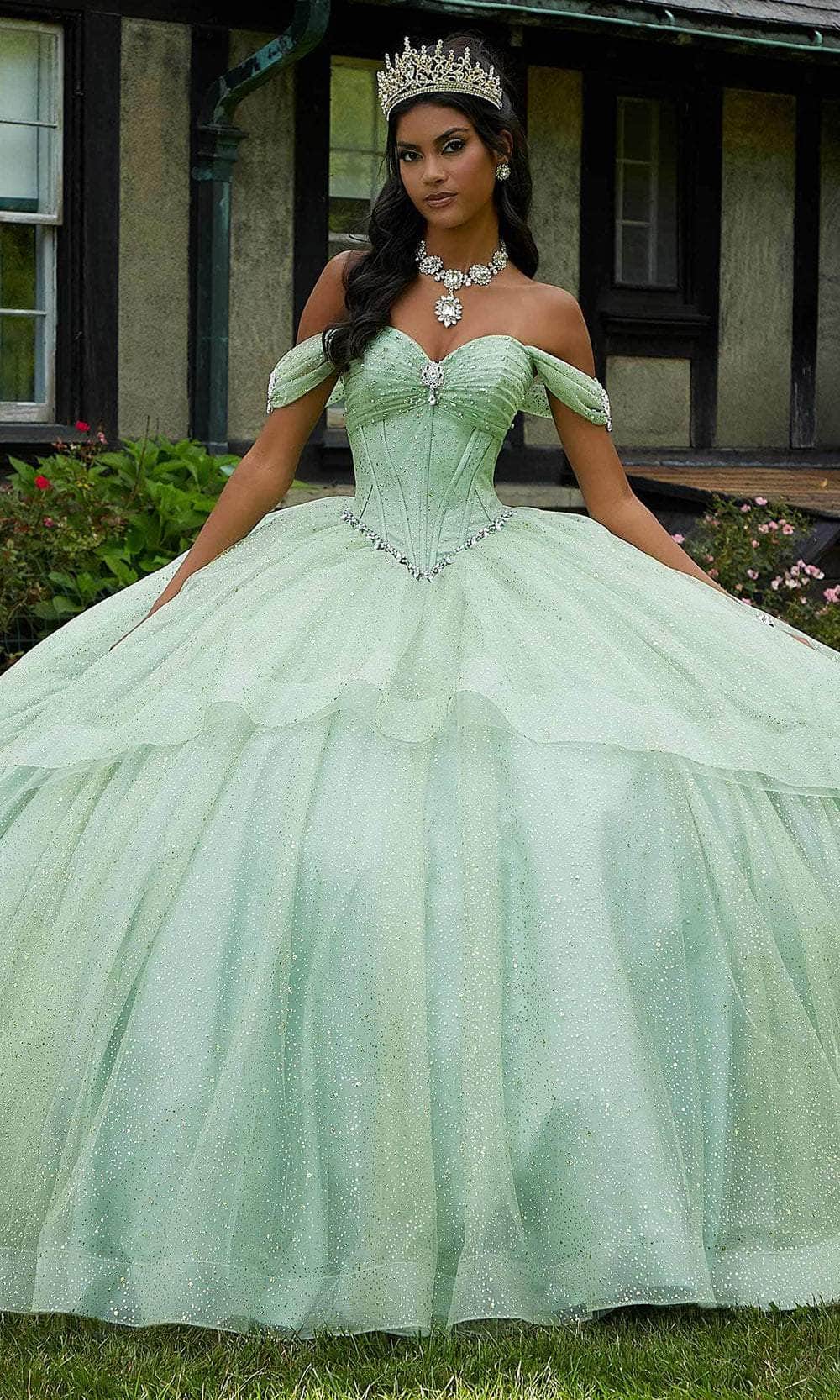Mori Lee 60193 - Brooch Accented Sweetheart Neck Ballgown Ball Gown 00 /  Sage