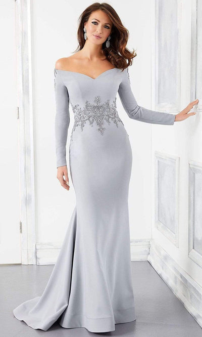 Mori Lee - 72308 Off-Shoulder Long Sleeve Jewel Beaded Mermaid Gown Mother of the Bride Dresses 2 / Silver