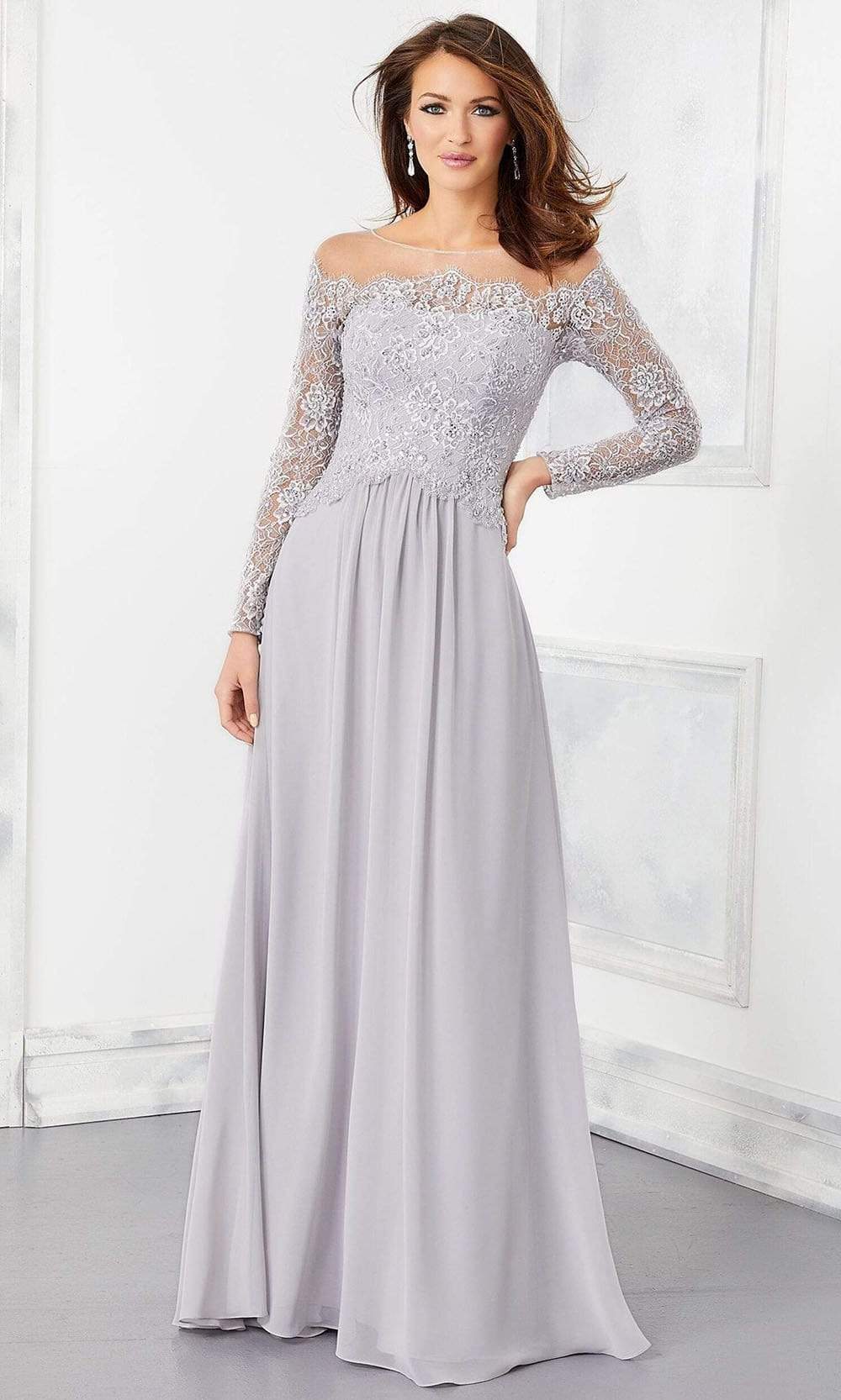 Mori Lee - 72310 Crystal Beaded Illusion Lace Bodice Chiffon Gown Special Occasion Dress 2 / Silver