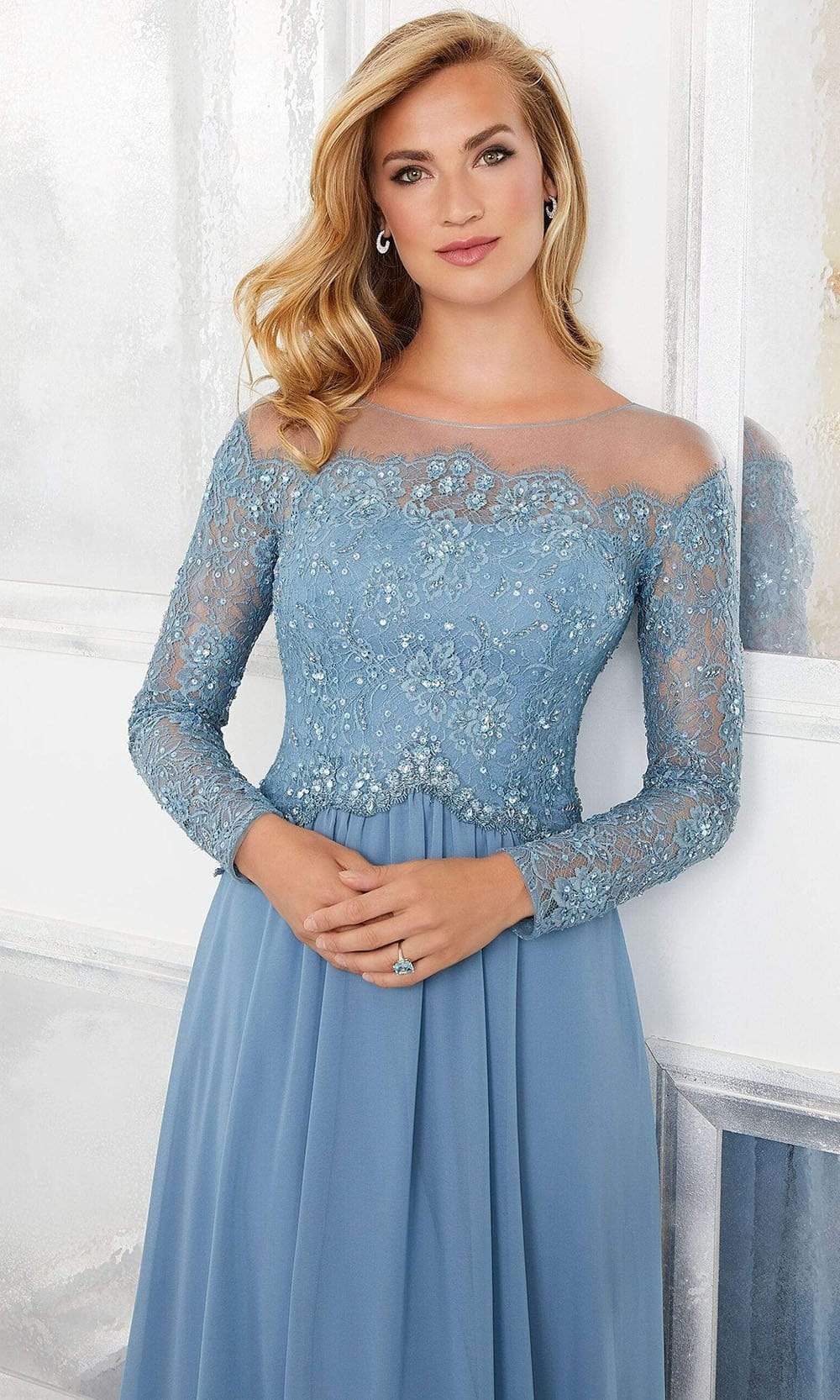 Mori Lee - 72310 Crystal Beaded Illusion Lace Bodice Chiffon Gown Special Occasion Dress 2 / Slate