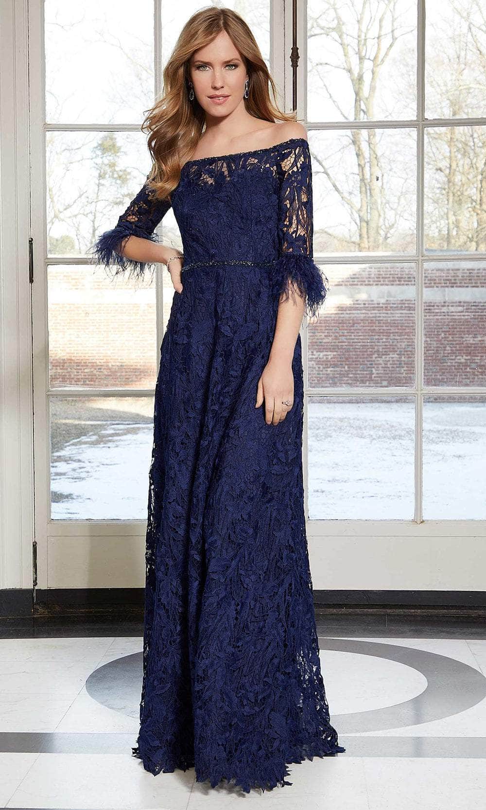 Mori Lee 72602 - Lace Feathered Evening Dress Evening Dresses 00 / Navy