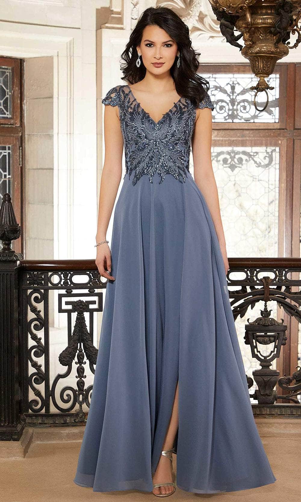 Mori Lee 72605 - V-Neck Embellished Bodice Evening Gown Evening Dresses 00 / Slate