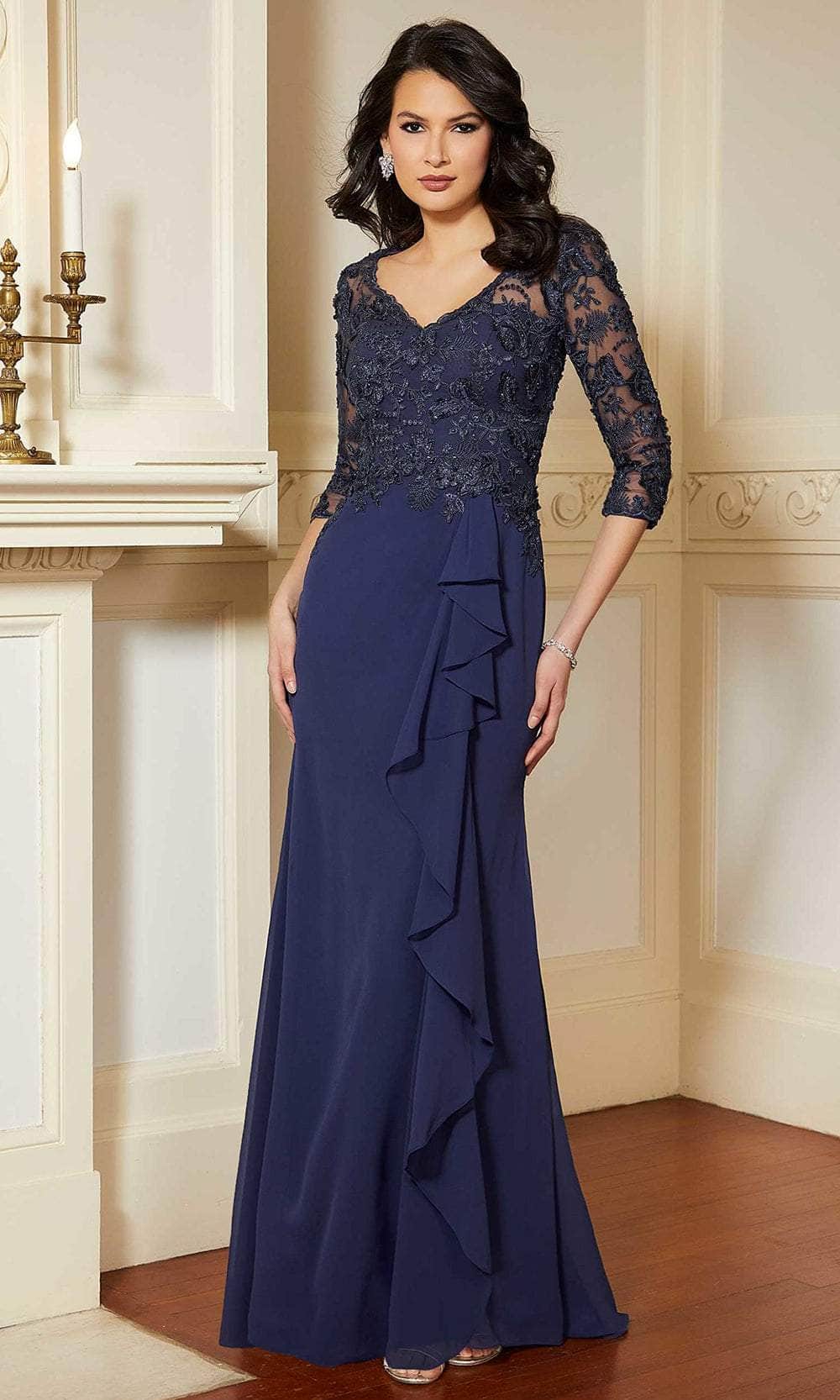 Mori Lee 72619 - Lace Ruffled Evening Gown Evening Dresses 00 / Navy