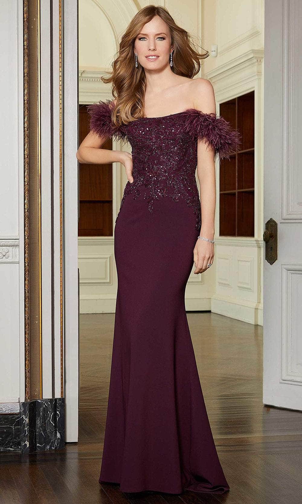 Mori Lee 72621 - Long Jersey Sheath Dress - Beaded, Lace, Fitted, Jersey Fabric, Feathered Off-Shoulder, Floor-Length, Back Zipper Closure 8 / Plum Mori Lee 72621 - Long Jersey Sheath Dress - Beaded, Lace, Fitted, Jersey Fabric, Feathered Off-Shoulder, Floor-Length, Back Zipper Closure 8 / Plum