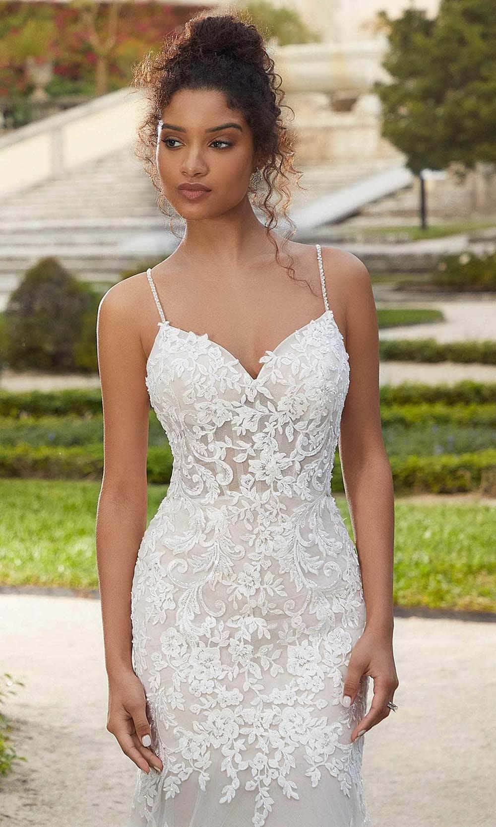 Mori Lee Bridal 2469 - Long Tulle Trumpet Dress - Detachable Puff Sleeves, Spaghetti Straps, Sheer Corset Boned Bodice, Beaded, Lace Embroidery, Scoop Mori Lee Bridal 2469 - Long Tulle Trumpet Dress - Detachable Puff Sleeves, Spaghetti Straps, Sheer Corset Boned Bodice, Beaded, Lace Embroidery, Scoop