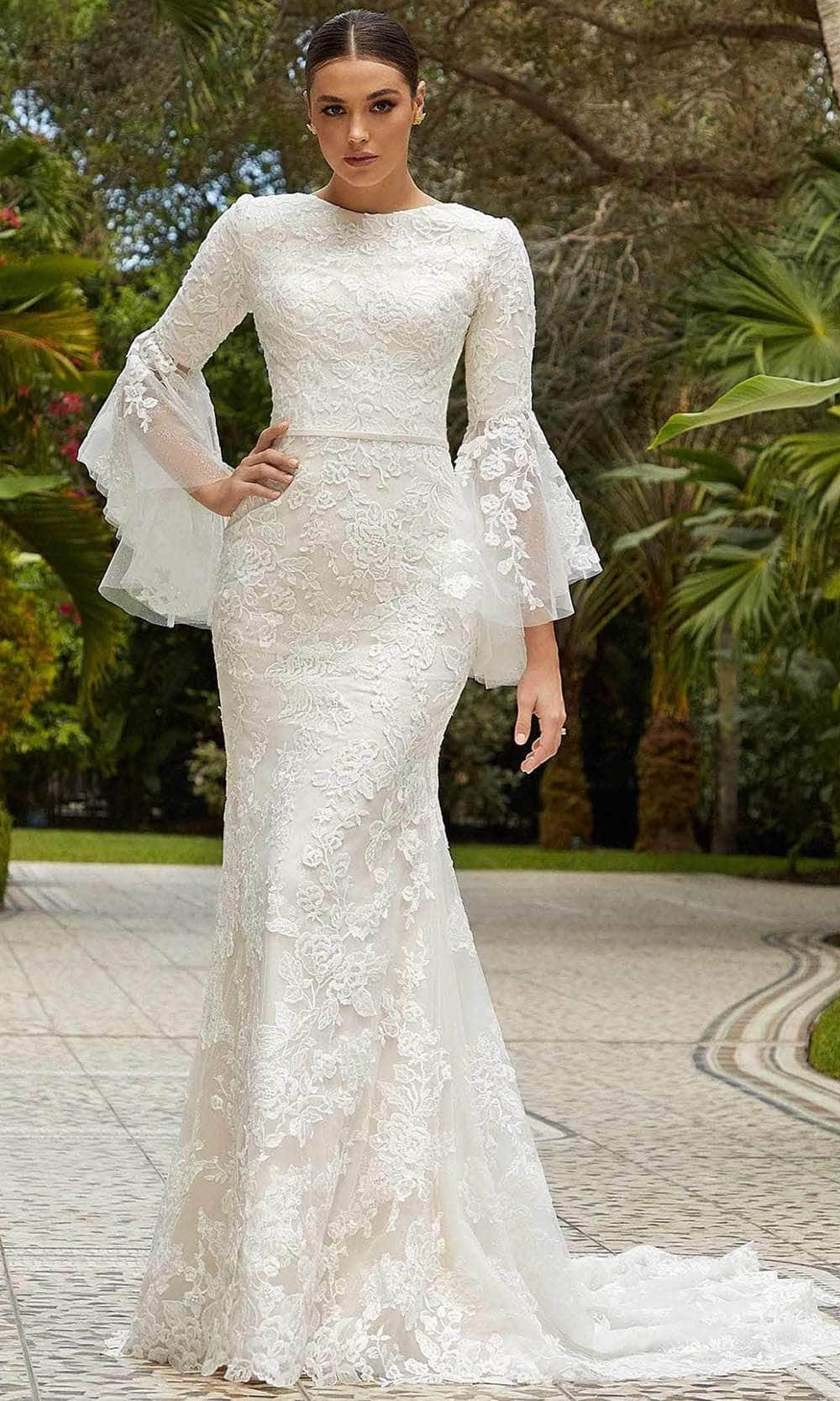 Mori Lee Bridal 30123 - Bateau Neck Elbow Length Sleeve Wedding Dress In White