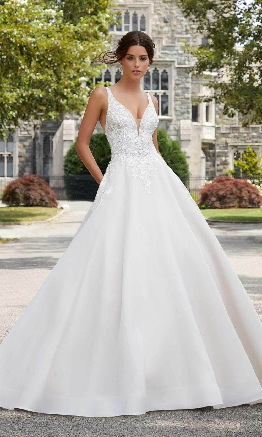 Mori Lee Bridal - 5809 Sabrina V-Neck Beaded Applique Organdy Gown Wedding Dresses 0 / Ivory/Rosé