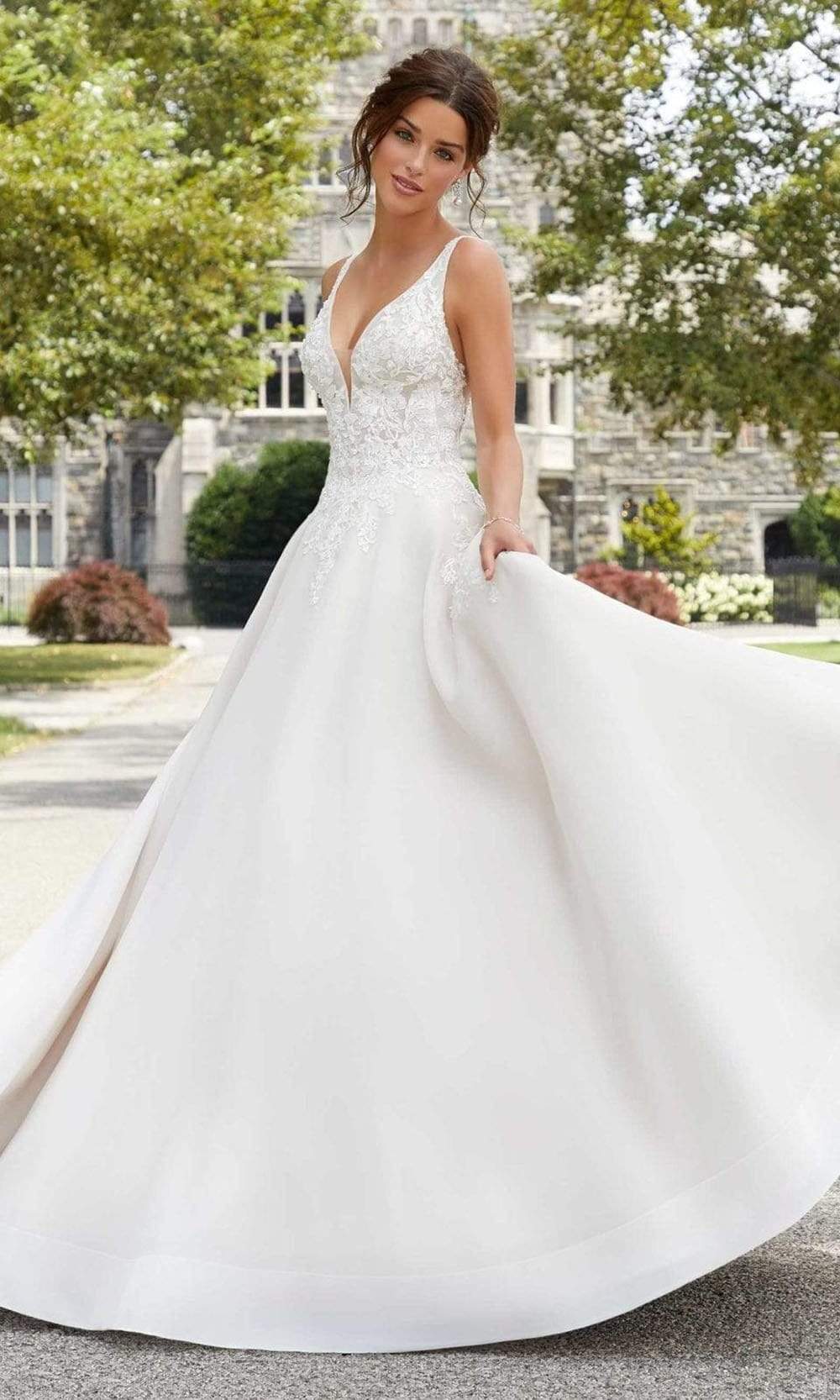 Mori Lee Bridal - 5809 Sabrina V-Neck Beaded Applique Organdy Gown Wedding Dresses