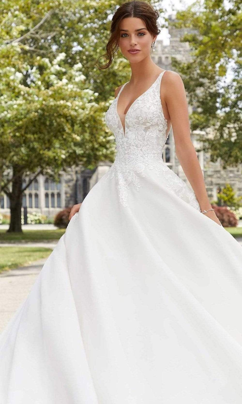 Mori Lee Bridal - 5809 Sabrina V-Neck Beaded Applique Organdy Gown Wedding Dresses