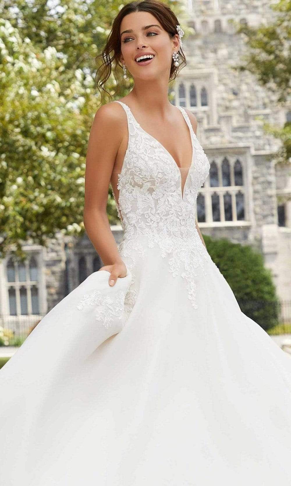 Mori Lee Bridal - 5809 Sabrina V-Neck Beaded Applique Organdy Gown Wedding Dresses