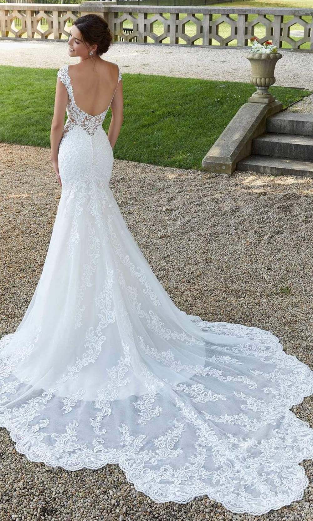 Mori Lee Bridal - 5815 Shirley Lace Net Petal Train Mermaid Gown Wedding Dresses