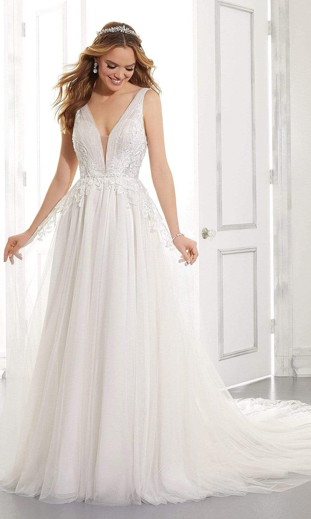 Mori Lee Bridal - 5864 Amanda Lace Trimmed A-Line Wedding Gown Wedding Dresses 0 / Ivory/Champagne/Honey
