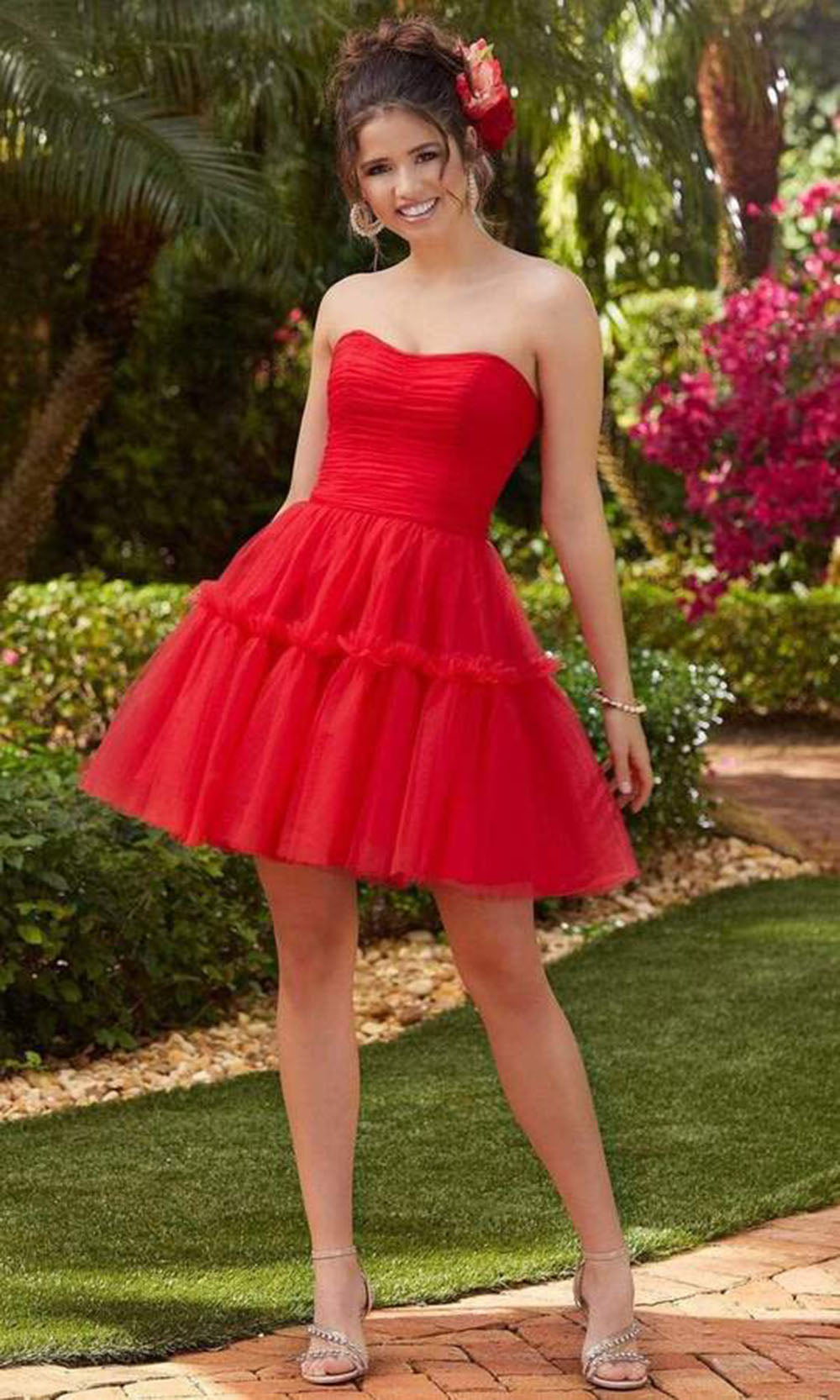 Mori Lee - 9553SC Strapless Fit and Flare Short Tulle Dress In Red