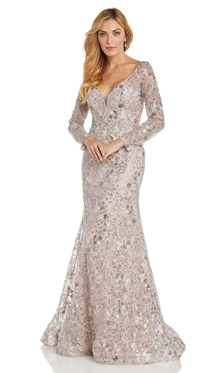 Morrell Maxie - 16468 Sheer Long Sleeve V-neck Formal Gown  In Neutral