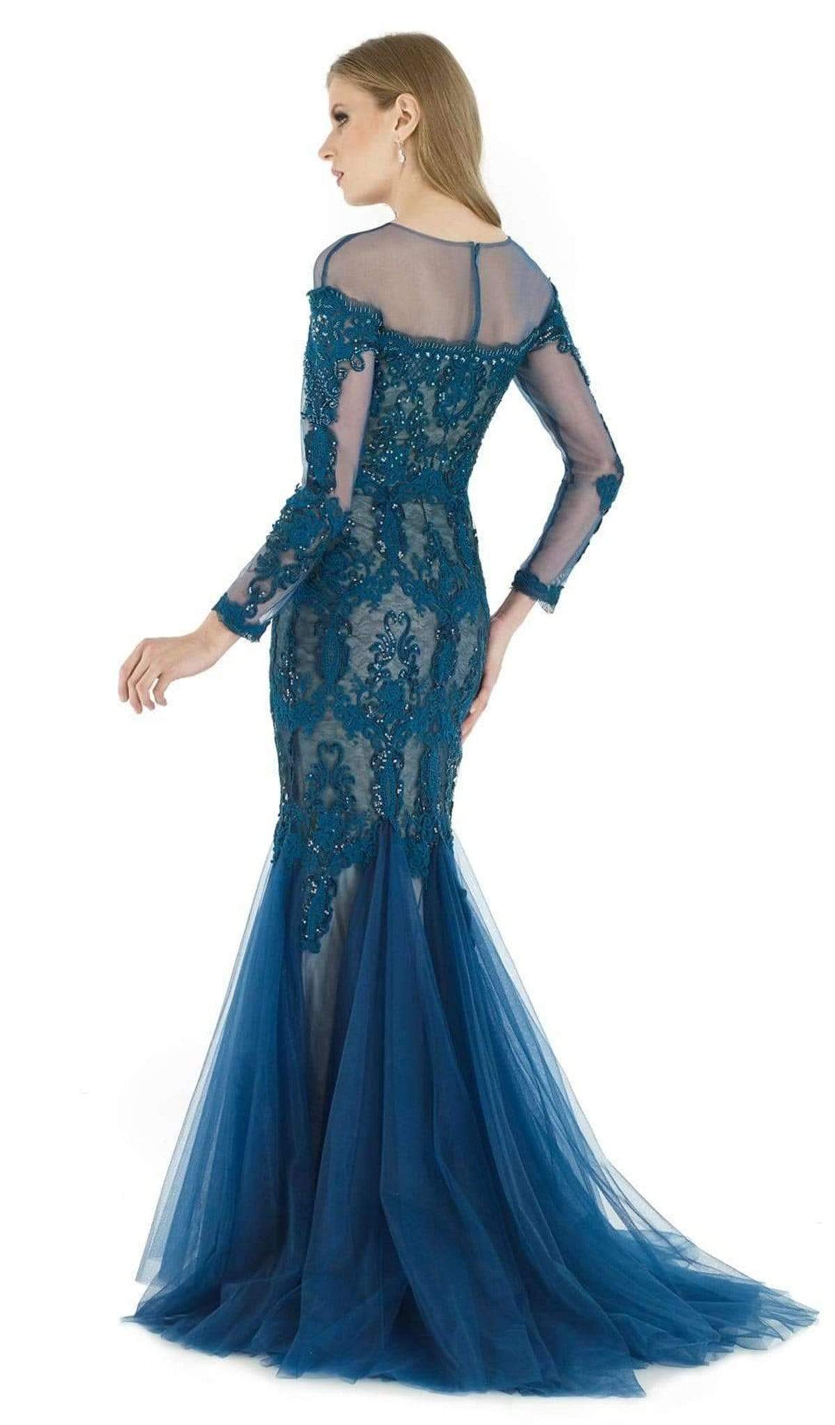 Morrell Maxie Lace Embroidered Long Sleeve Tulle Mermaid Dress 15961 CCSALE 12 / Teal/Nude