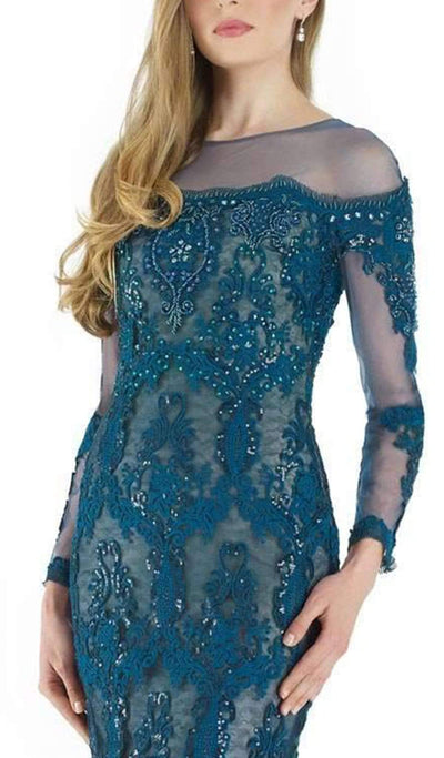 Morrell Maxie Lace Embroidered Long Sleeve Tulle Mermaid Dress 15961 CCSALE 12 / Teal/Nude