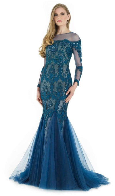 Morrell Maxie Lace Embroidered Long Sleeve Tulle Mermaid Dress 15961 CCSALE 12 / Teal/Nude